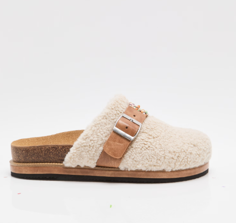 Free People Morning Coffee Beaded Sherpa Slide Mules