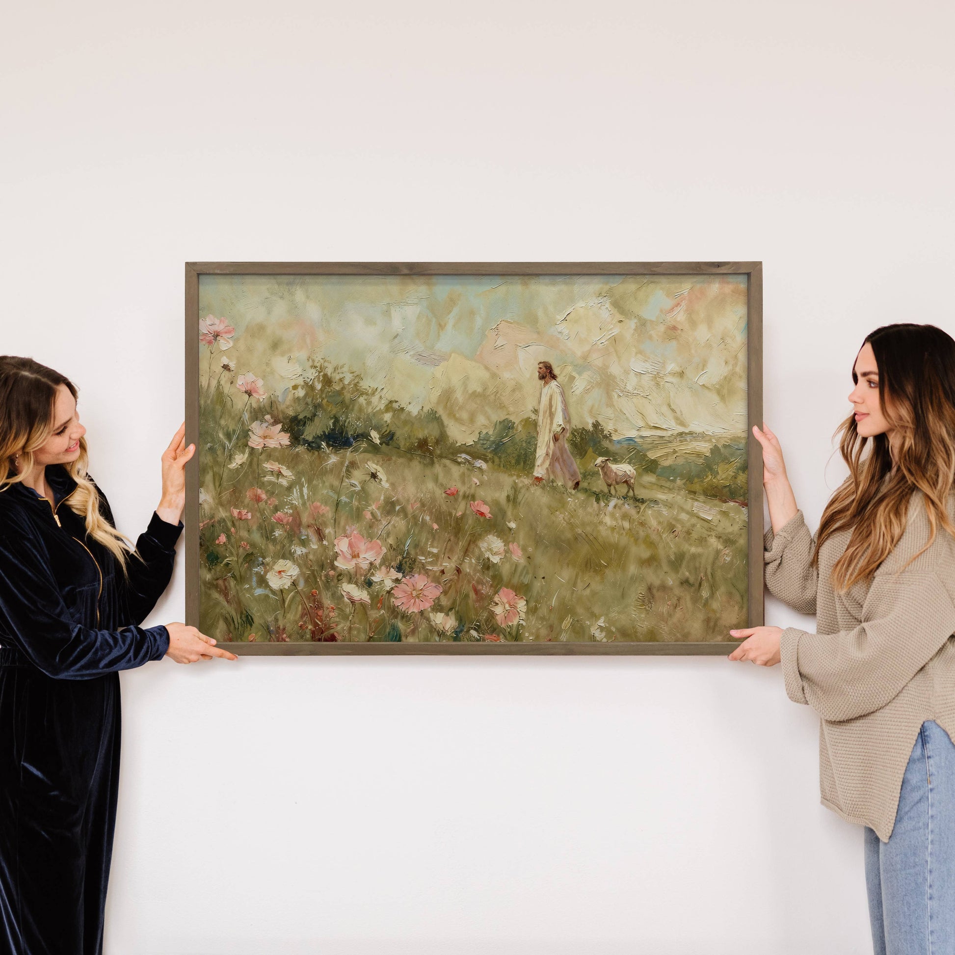 Lamb Following Jesus Wildflowers - Cottage Living Room Art
