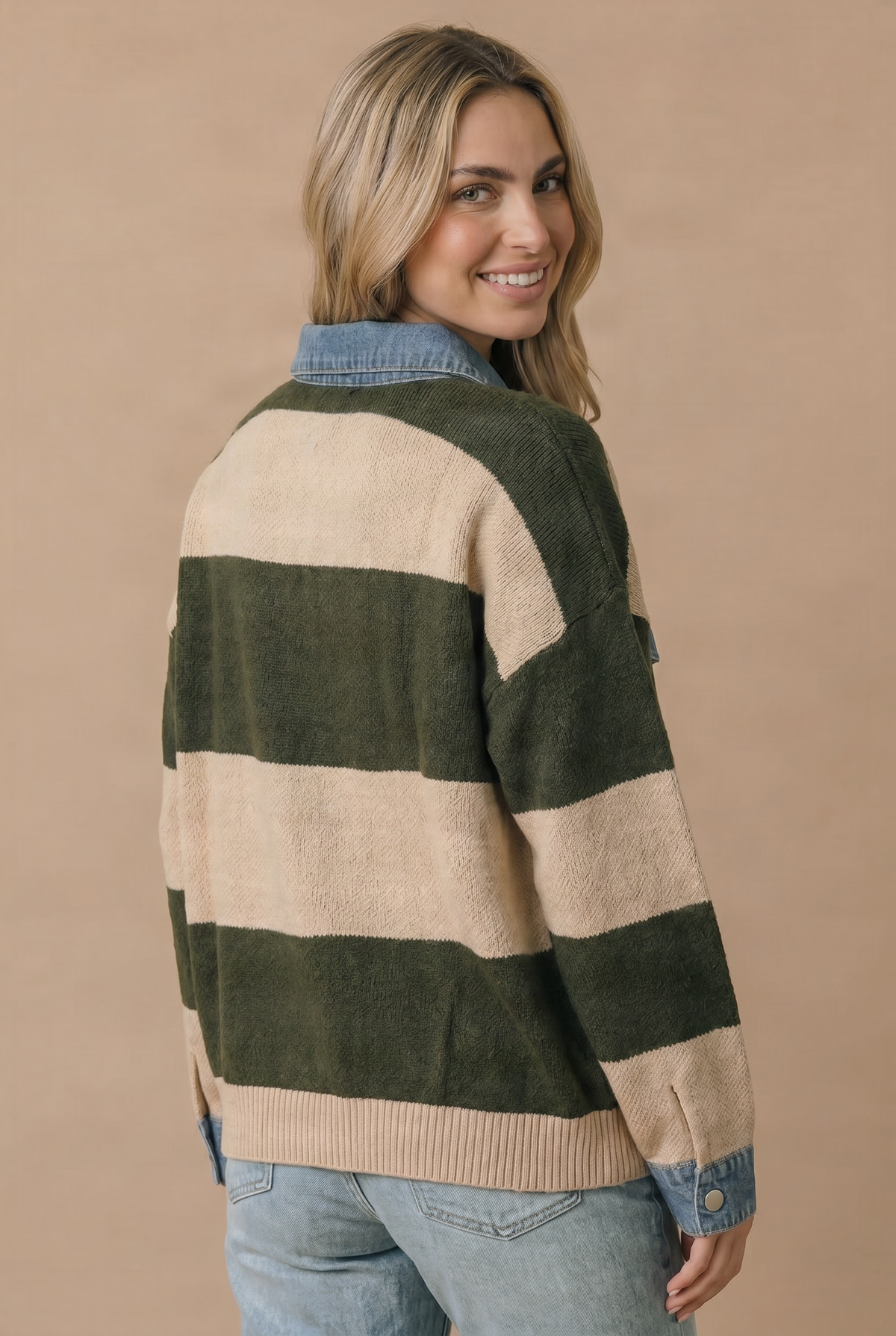 Stripe & Denim Contrast Oversized Knit Polo Sweater