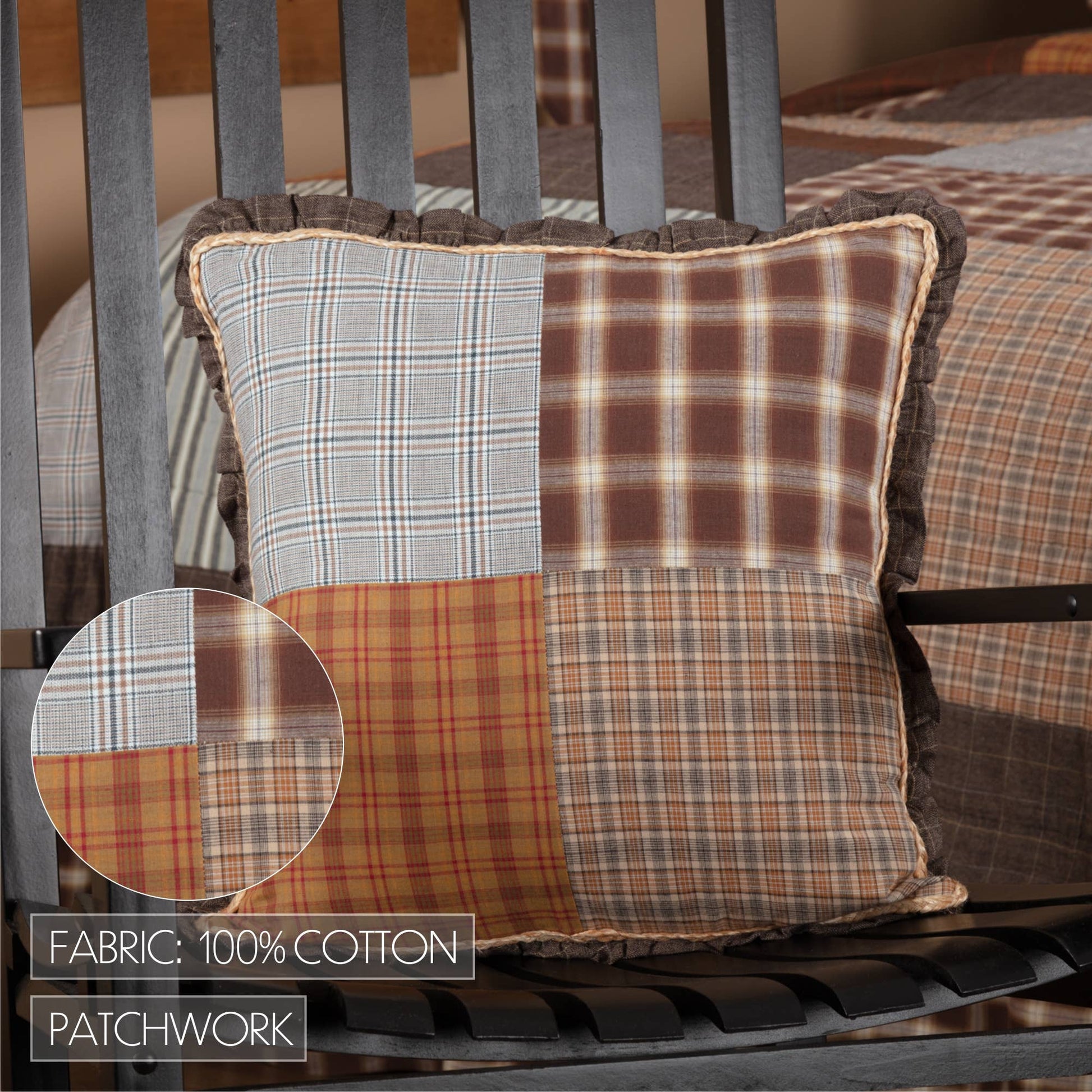Heritage Brown Patchwork Quilted Throw Pillow 18x18 Cotton
