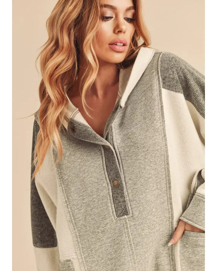 Dove Mixed Media Oversized Corduroy Henley Pullover