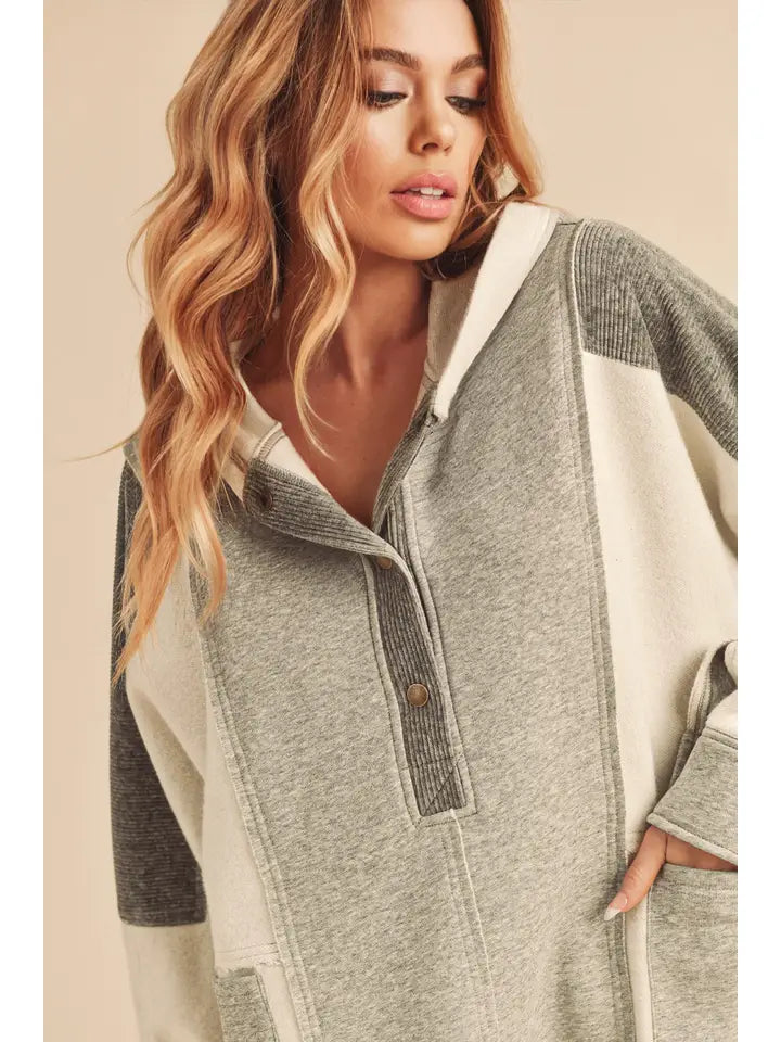 Dove Mixed Media Oversized Corduroy Henley Pullover
