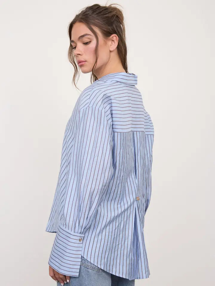 Blu Pepper Stripe Collared Back Button Detail Long Sleeve Top - Blue