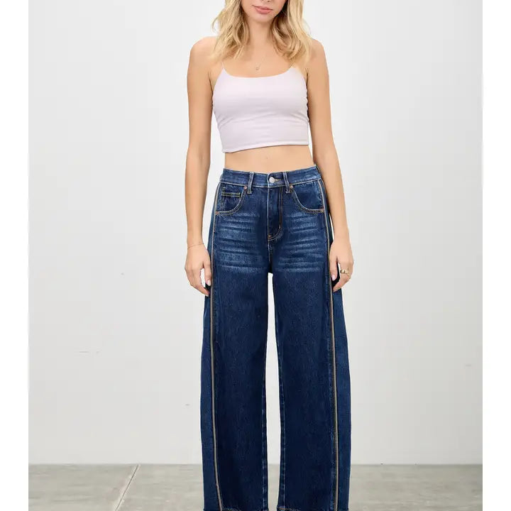 High-Rise Sculpted Barrel Jeans with Contrast Side Piping