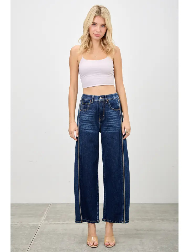 High-Rise Sculpted Barrel Jeans with Contrast Side Piping