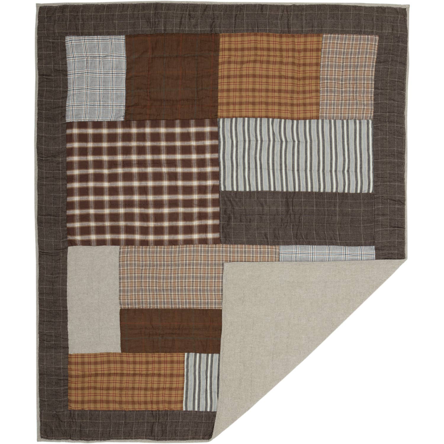 Heritage Brown Patchwork Quilted Throw 50x60 | Plaid Cotton