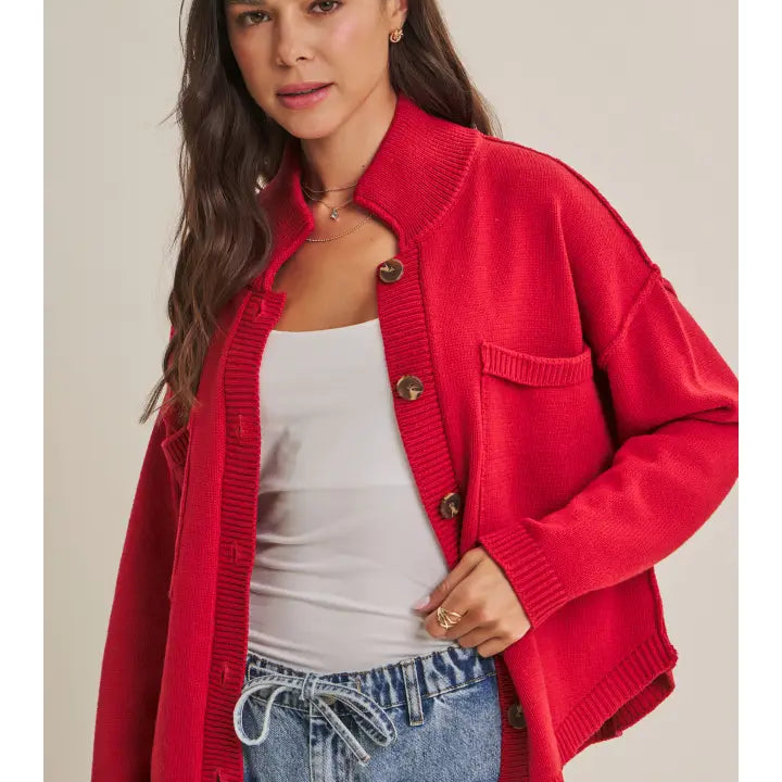 Minimal Day Oversized High Neck Sweater Jacket with Pockets