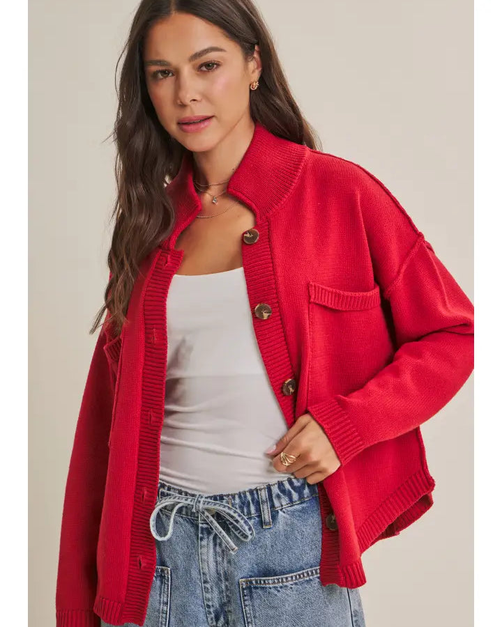 Minimal Day Oversized High Neck Sweater Jacket with Pockets