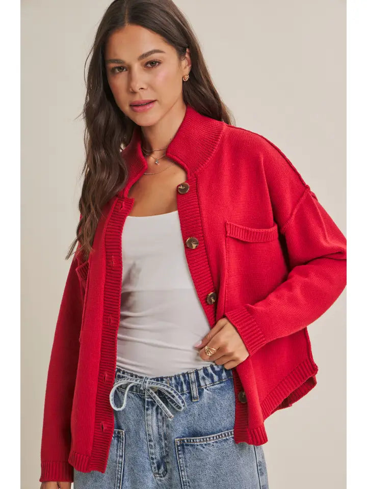 Minimal Day Oversized High Neck Sweater Jacket with Pockets