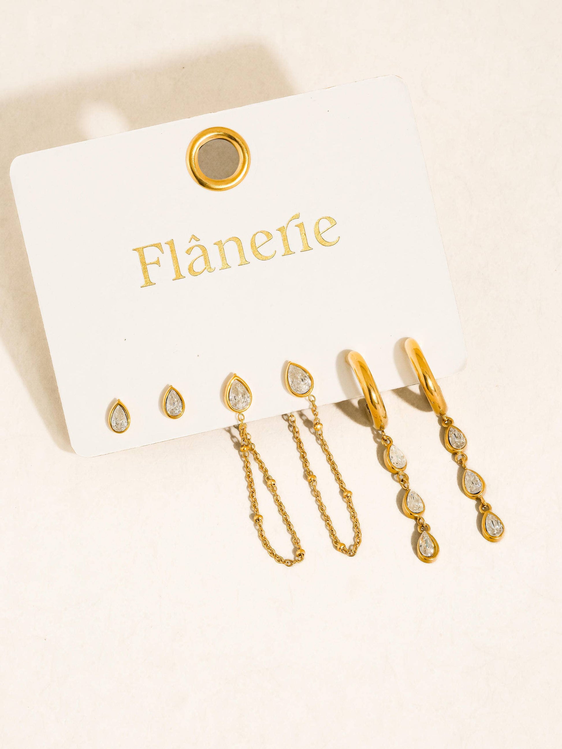 Finley 18K Gold Non-Tarnish CZ Chain Drop Earring Sets