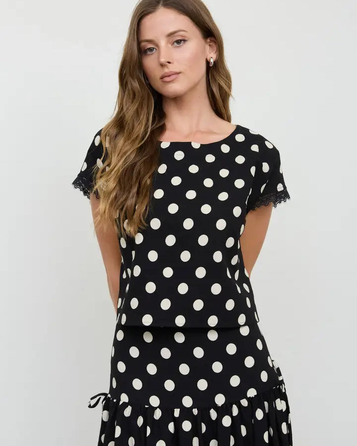 blu pepper polka dot short slve lace top