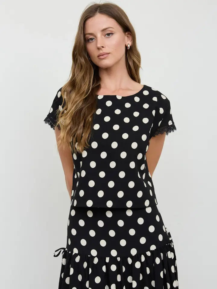 blu pepper polka dot short slve lace top