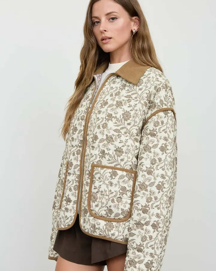 Blu Pepper Floral Toile Collared Zip-Up Quilted Jacket