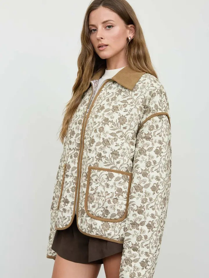 Blu Pepper Floral Toile Collared Zip-Up Quilted Jacket