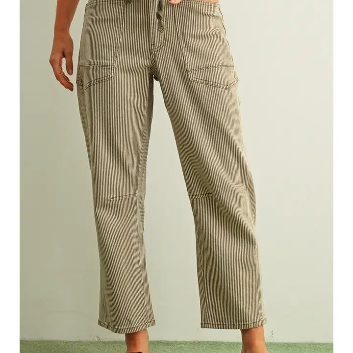 Striped Pattern Washed Barrel Pants with Belt