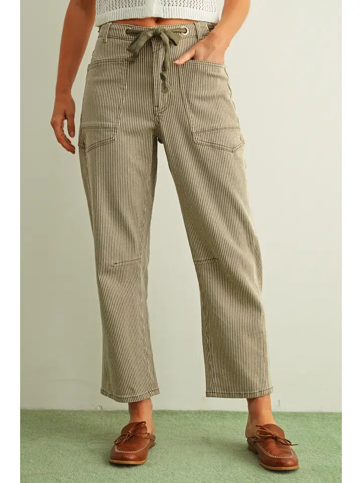 Striped Pattern Washed Barrel Pants with Belt