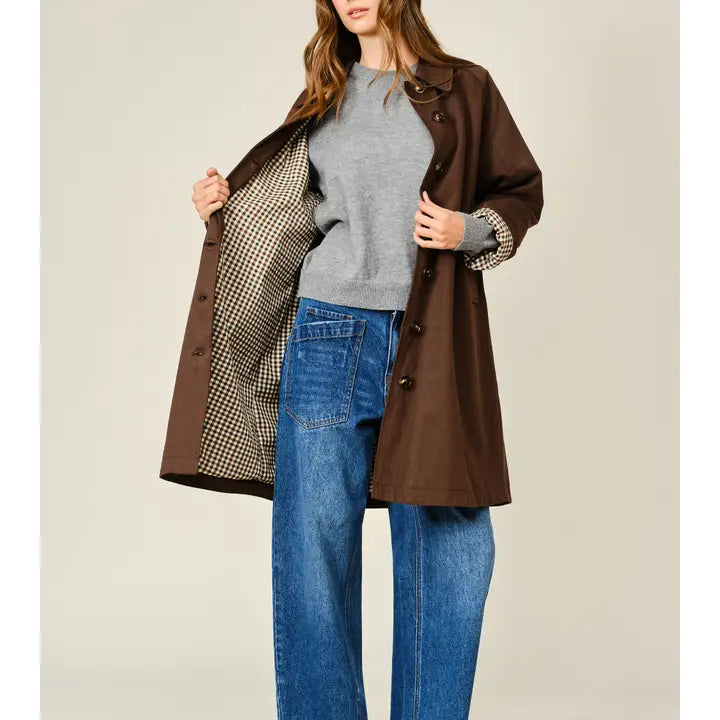 Heritage Canvas Midi Trench Coat with Checked Lining