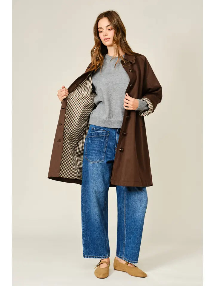 Heritage Canvas Midi Trench Coat with Checked Lining
