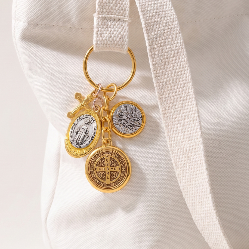 Saint Benedict & Miraculous Medal Cluster Keychain