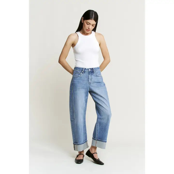 High Rise Barrel-Leg Detailing Cuffed Hem
