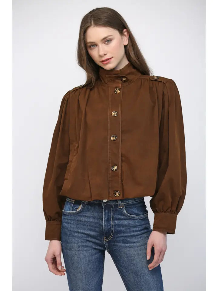 High Stand Collar Gathered Hem Bomber Jacket