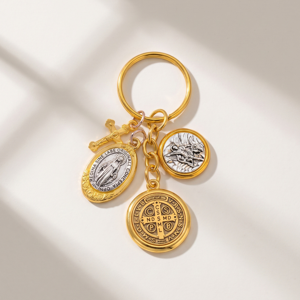 Saint Benedict & Miraculous Medal Cluster Keychain