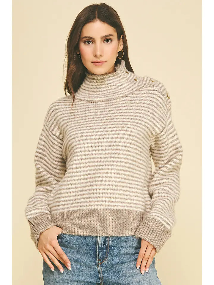 Pinch Striped Button-Shoulder Mock Neck Knit Sweater
