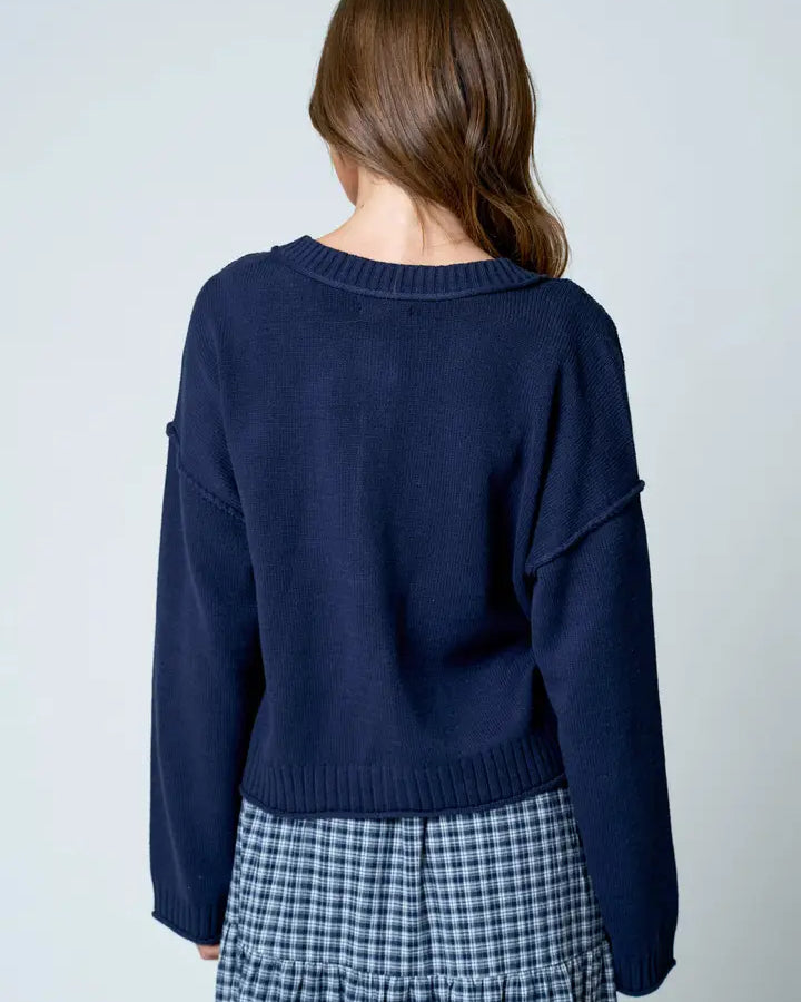 Raw Edge Exposed Seam Button Down Knit Cardigan