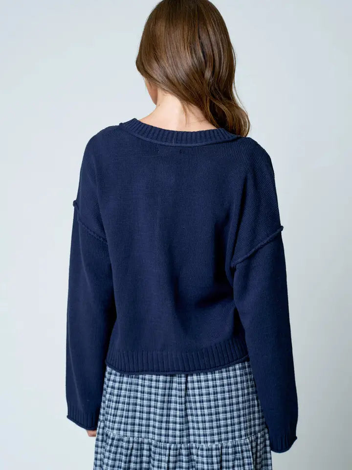 Raw Edge Exposed Seam Button Down Knit Cardigan
