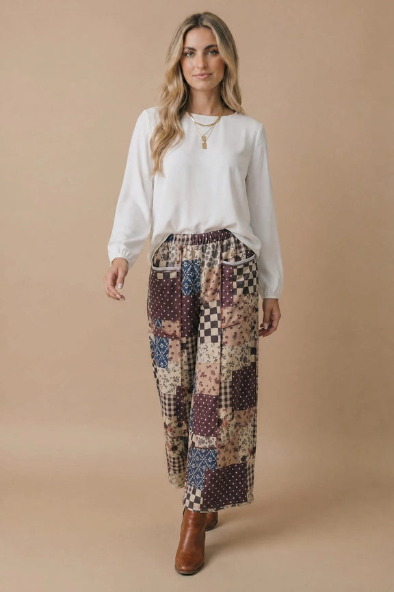 Retro Patchwork Floral Wide Leg French Terry Pants