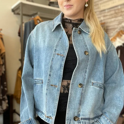 Miou Muse Washed Denim Button Front Bomber Jacket