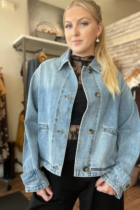 Miou Muse Washed Denim Button Front Bomber Jacket