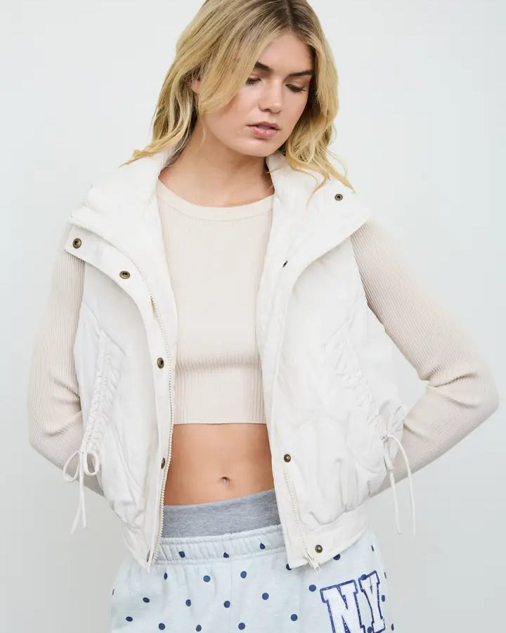 Blu Pepper Wave Quilted Snap-Front Stand Collar Vest - Ivory