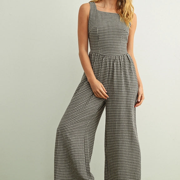 Gingham Printed Tie in the Back Jumpsuit