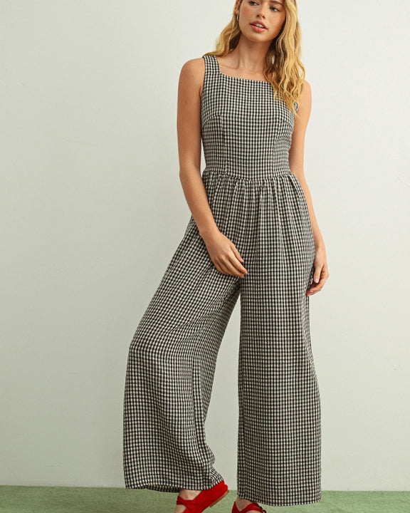 Gingham Printed Tie in the Back Jumpsuit