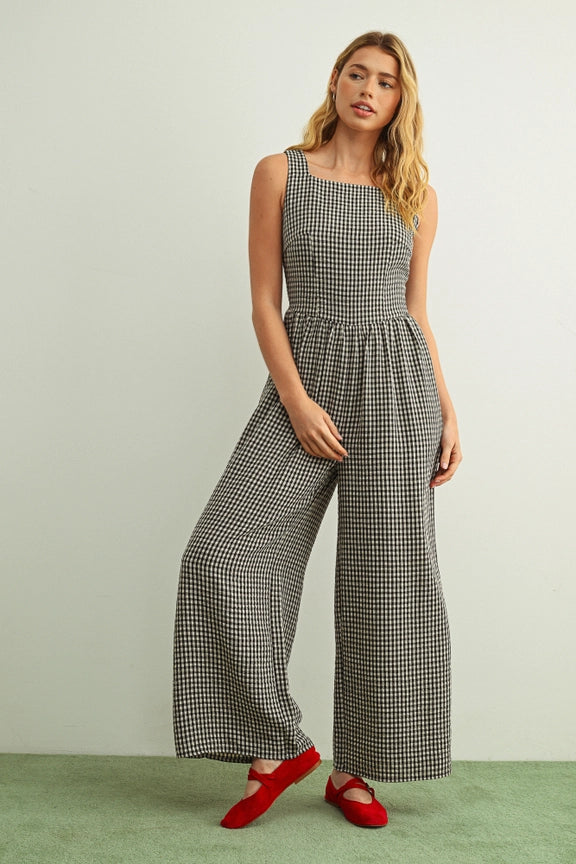 Gingham Printed Tie in the Back Jumpsuit