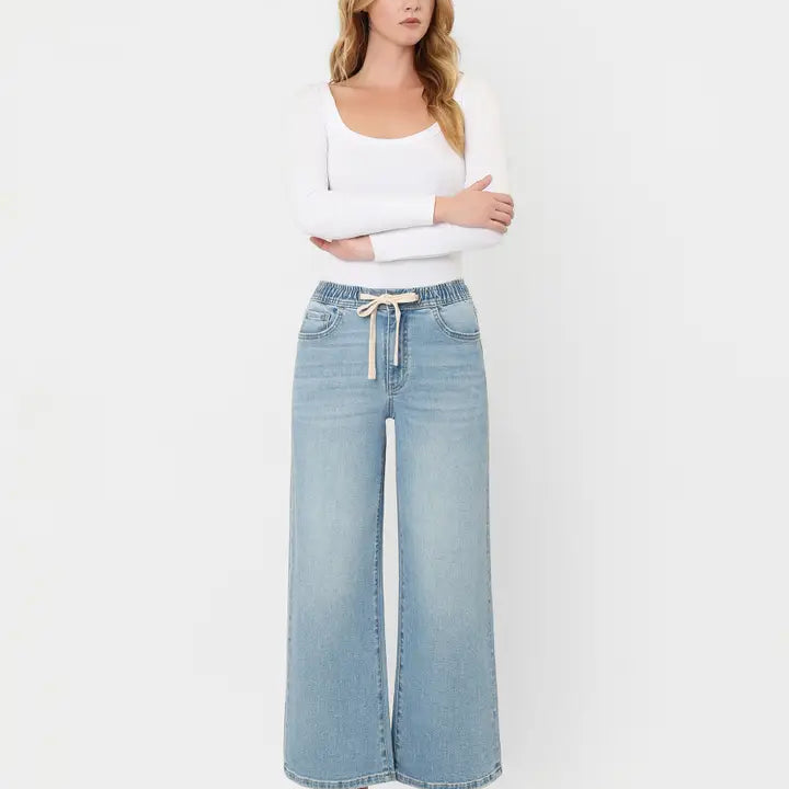 Super High Rise Elastic Waistband Crop Wide Jeans