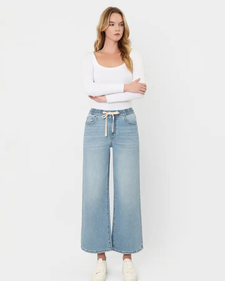 Super High Rise Elastic Waistband Crop Wide Jeans