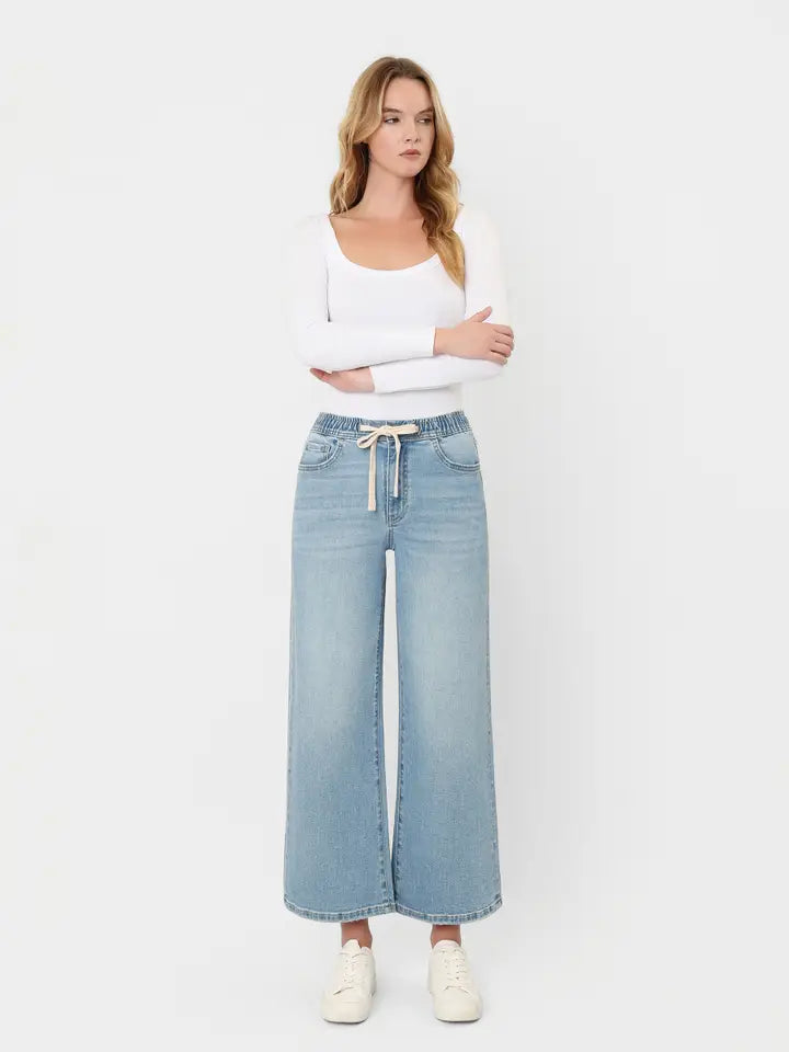 Super High Rise Elastic Waistband Crop Wide Jeans