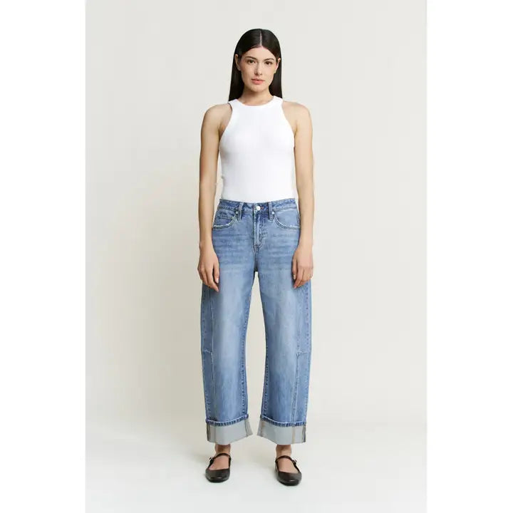 High Rise Barrel-Leg Detailing Cuffed Hem