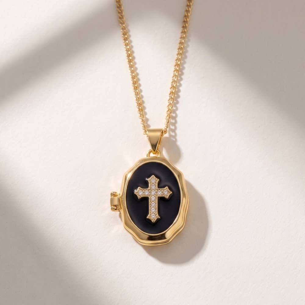 Cross Locket Photo Black Pendant Necklace, A Small Treasure