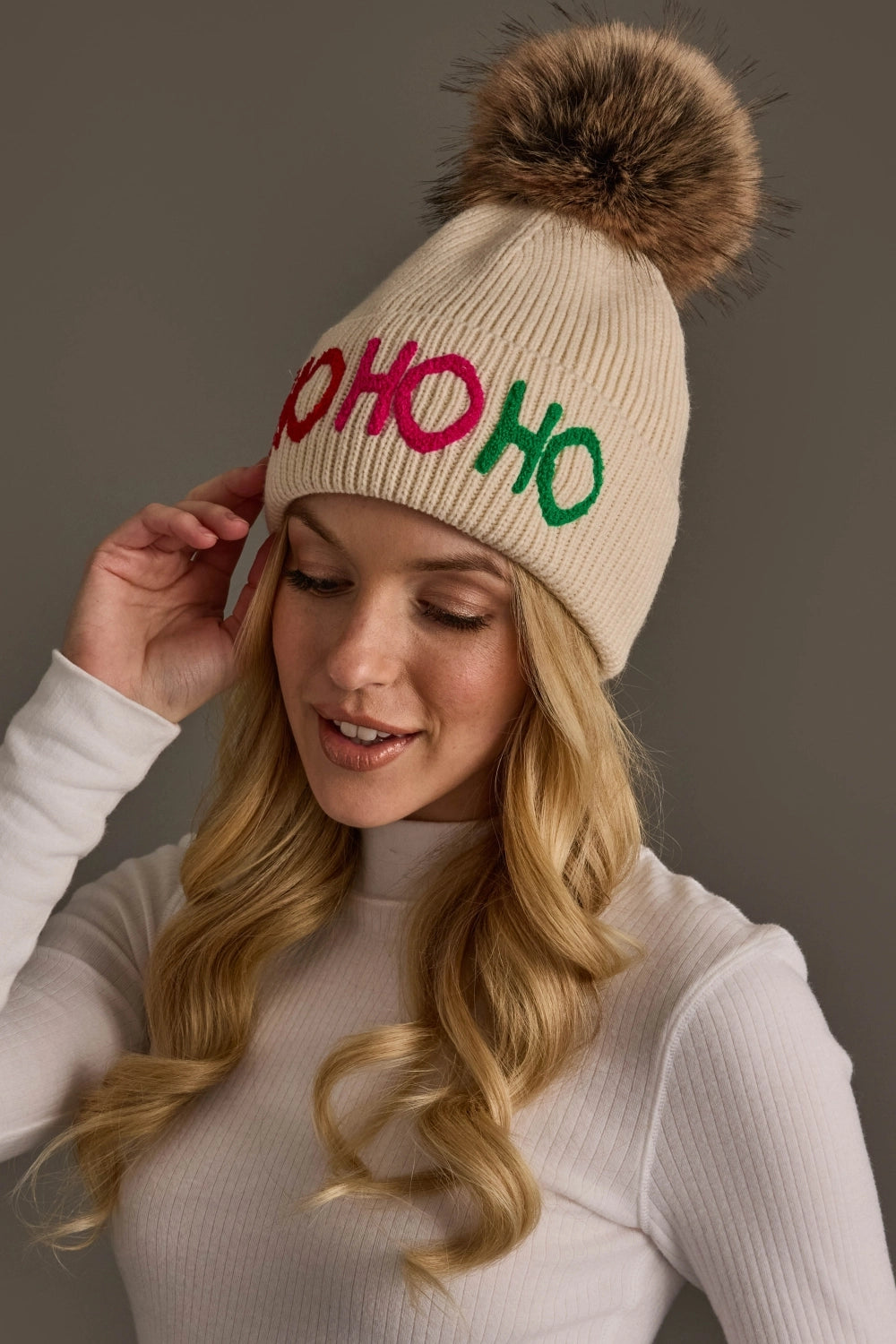 Panache Beige Ho Ho Ho Knit Pom Hat