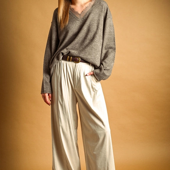 Eyelash Lace Trim Oversized V-Neck Knit Pullover