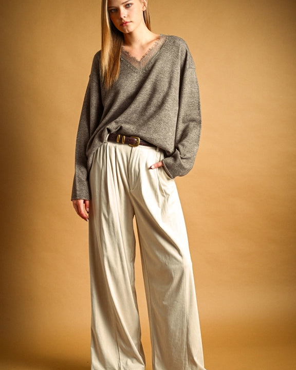 Eyelash Lace Trim Oversized V-Neck Knit Pullover
