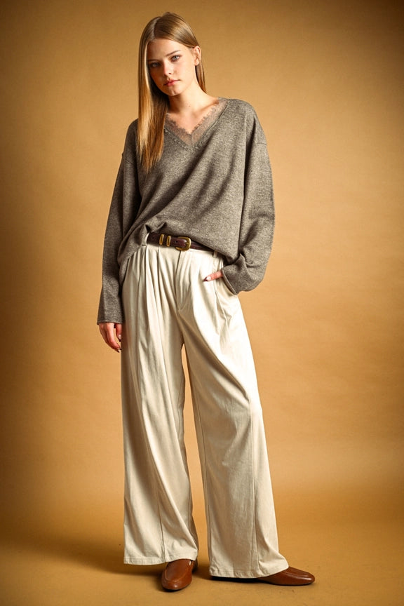 Eyelash Lace Trim Oversized V-Neck Knit Pullover