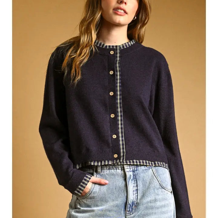 Miou Muse Plaid Contrast Navy Crew Neck Cardigan