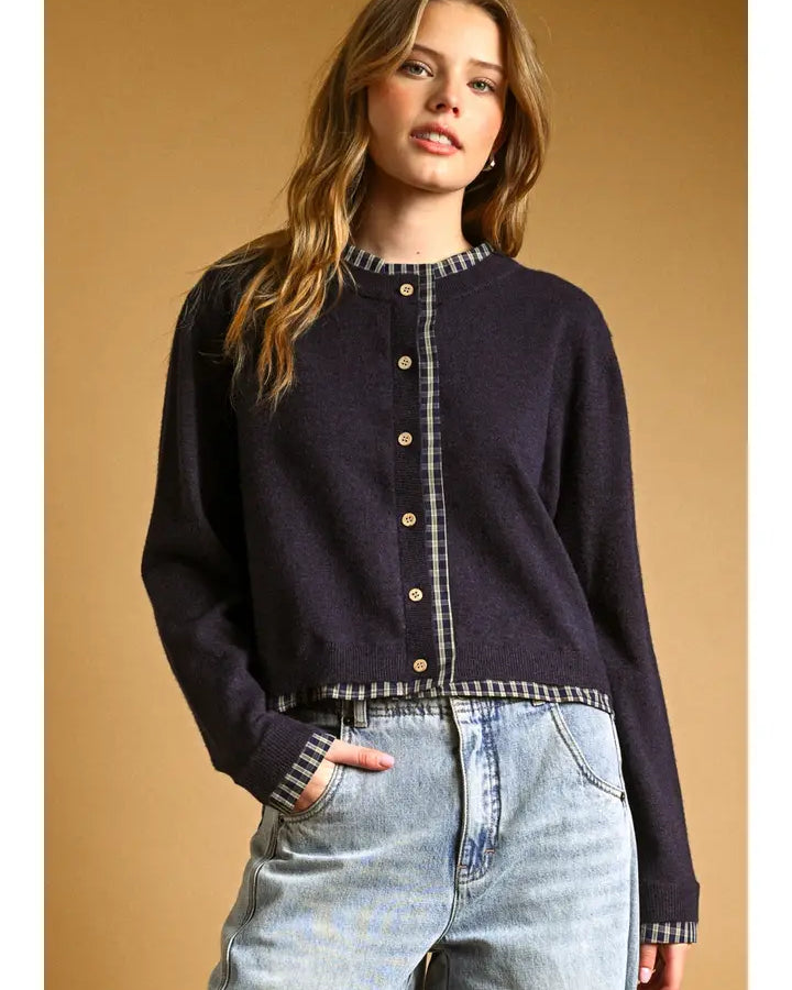 Miou Muse Plaid Contrast Navy Crew Neck Cardigan