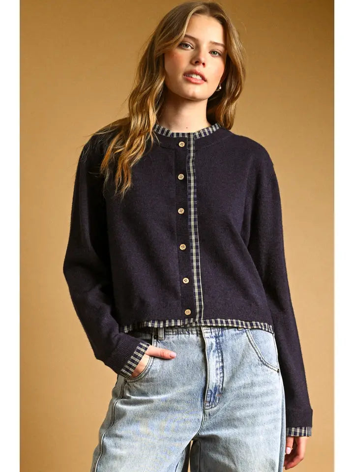 Miou Muse Plaid Contrast Navy Crew Neck Cardigan