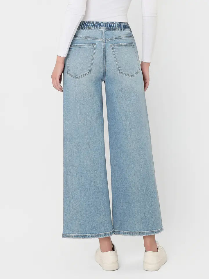 Super High Rise Elastic Waistband Crop Wide Jeans