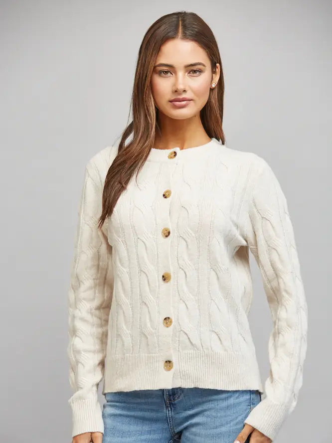 Classic Crew Neck Cable Knit Button-Up Cardigan